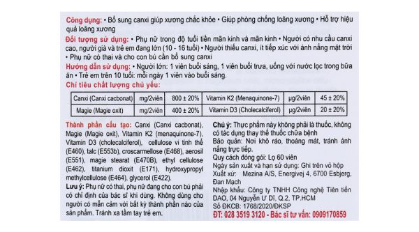 Calci K2 Strong bone bổ sung canxi, giúp ngừa loãng xương hộp 60 viên