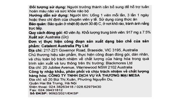 Blackmores Ginkgoforte hỗ trợ tuần hoàn máu não lọ 40 viên
