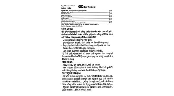 Qik Hair For Women kích thích mọc tóc dành cho nữ hộp 30 viên