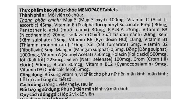 Vitabiotics Menopace Tablets hỗ trợ cân bằng nội tiết tố hộp 30 viên