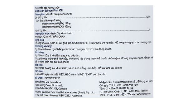 Dầu cá VitaHealth Salmon Fish Oil bổ sung omega 3, ngừa xơ vữa động mạch hộp 100 viên