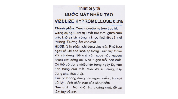 Nước mắt nhân tạo Vizulize Hypromellose 0.3% giảm cảm giác khô, kích ứng mắt chai 10ml