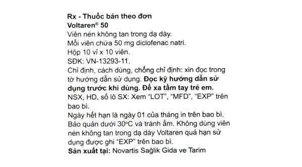 Voltaren 50mg giảm đau, kháng viêm xương khớp (10 vỉ x 10 viên)