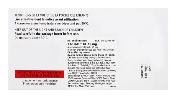 Xatral XL 10mg trị triệu chứng chức năng của phì đại tuyến tiền liệt (1 vỉ x 30 viên)