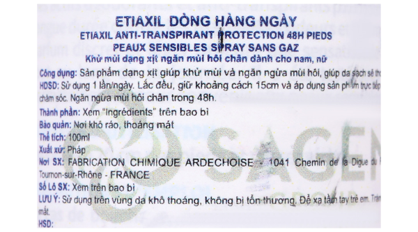 Xịt khử mùi Etiaxil Déodorant Anti-Transpirant 48h khử mùi hôi chân chai 100ml