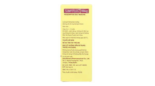 Zestril 20mg trị tăng huyết áp, suy tim (2 vỉ x 14 viên)