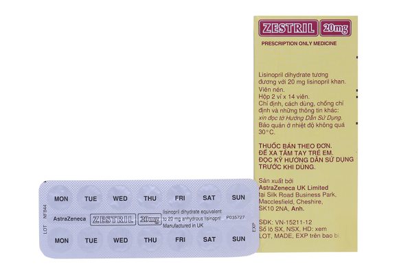Zestril 20mg trị tăng huyết áp, suy tim (2 vỉ x 14 viên)