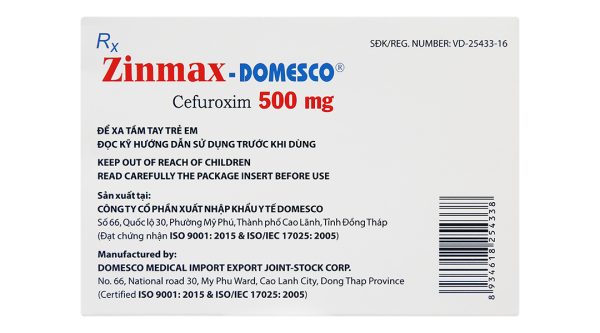 Zinmax-Domesco 500mg trị nhiễm khuẩn đường hô hấp (2 vỉ x 5 viên)