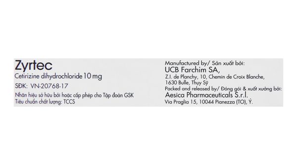 Zyrtec 10mg trị viêm mũi dị ứng, mề đay (1 vỉ x 10 viên)